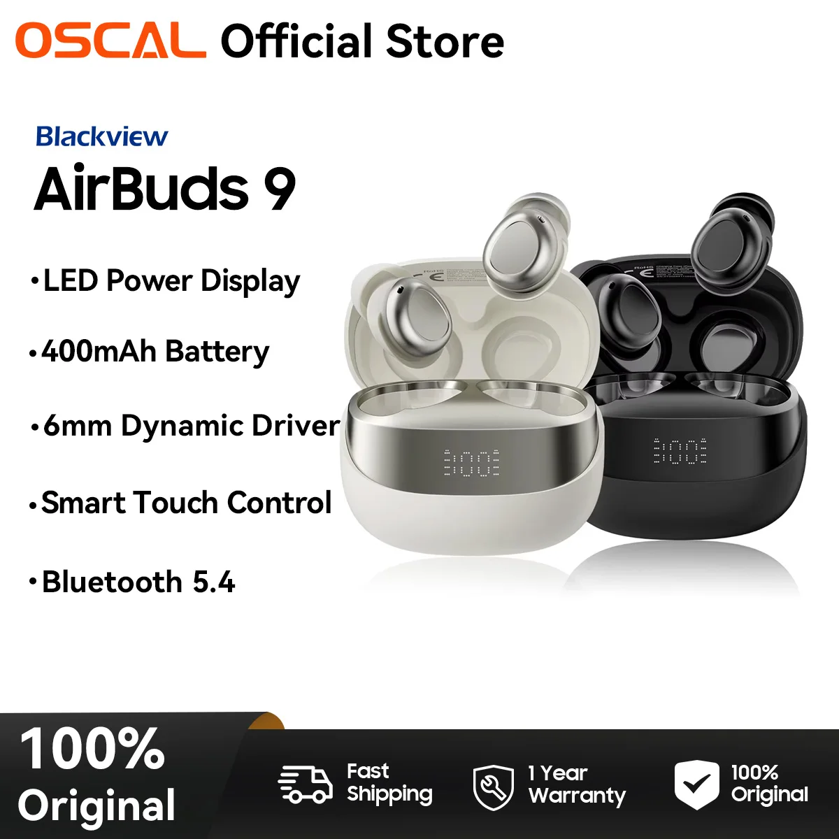 OSCAL Blackview AirBuds 9 Headset, TWS Wireless Earphones Touch Control Headphone, 400mAh Bluetooth 5.4 Heasets, LED Display
