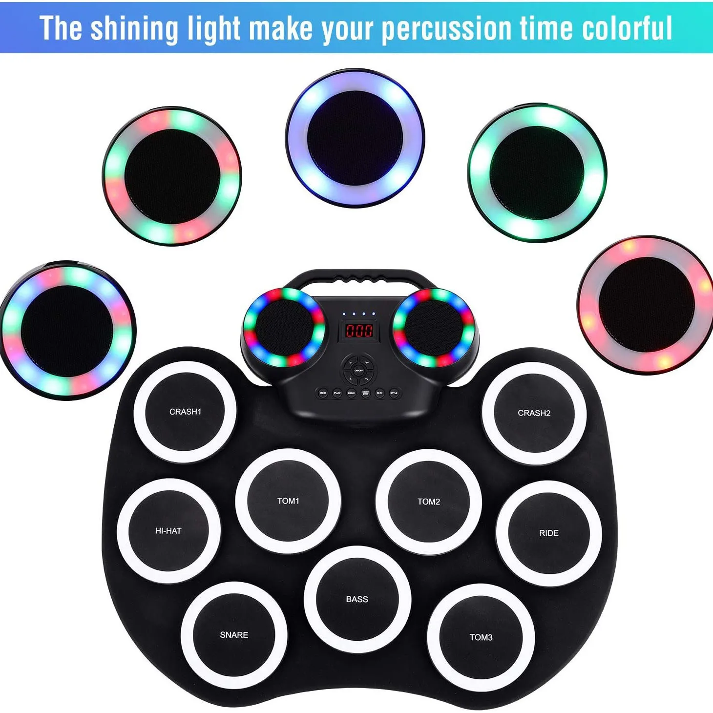 Roll-up Electronic Drum Pad Silicon Digital Drum with Built-in Battery Speakers Foot Pedals Headphone Monitoring Colorful Light