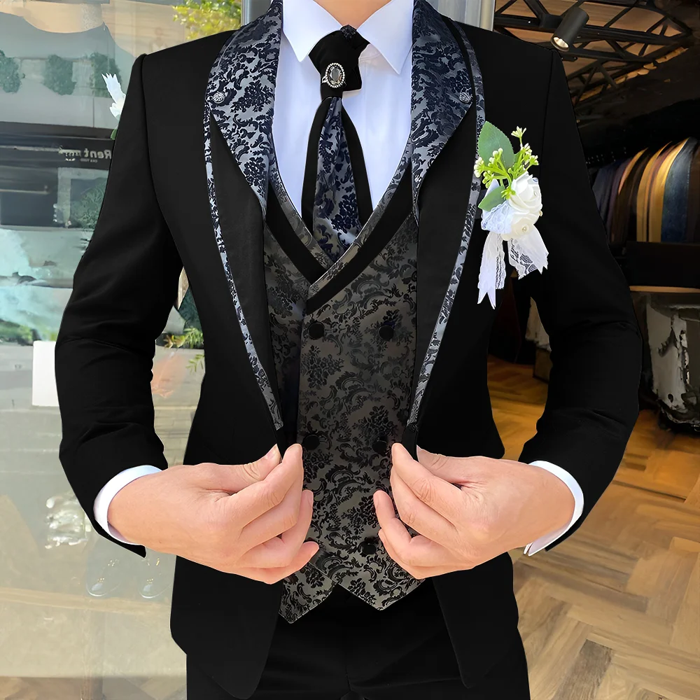 Handsome Men's Suit 3-piece Elegant Groom Wedding Tuxedo Jacket Pants Vest Customized Formal Blazer for Male 4