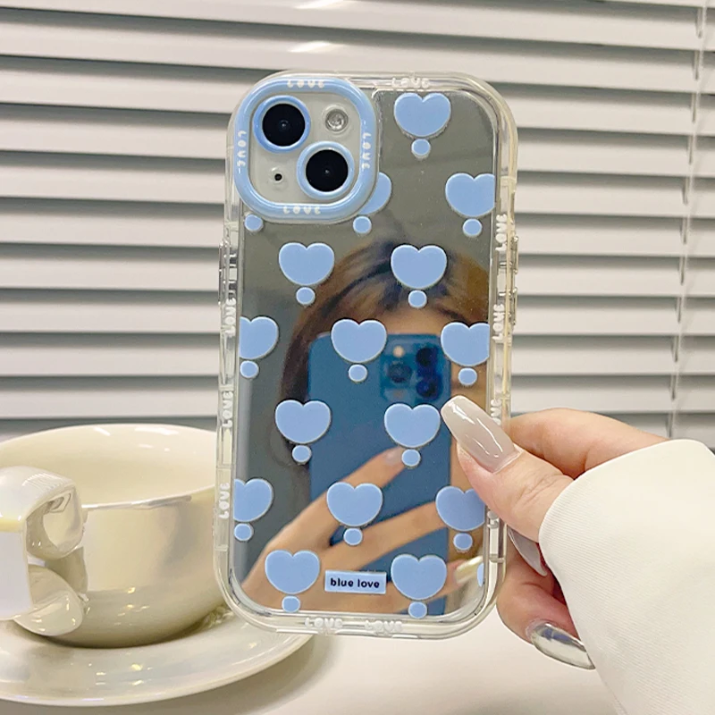 Korean Blue Love Heart Makeup Mirror Phone Case for iPhone