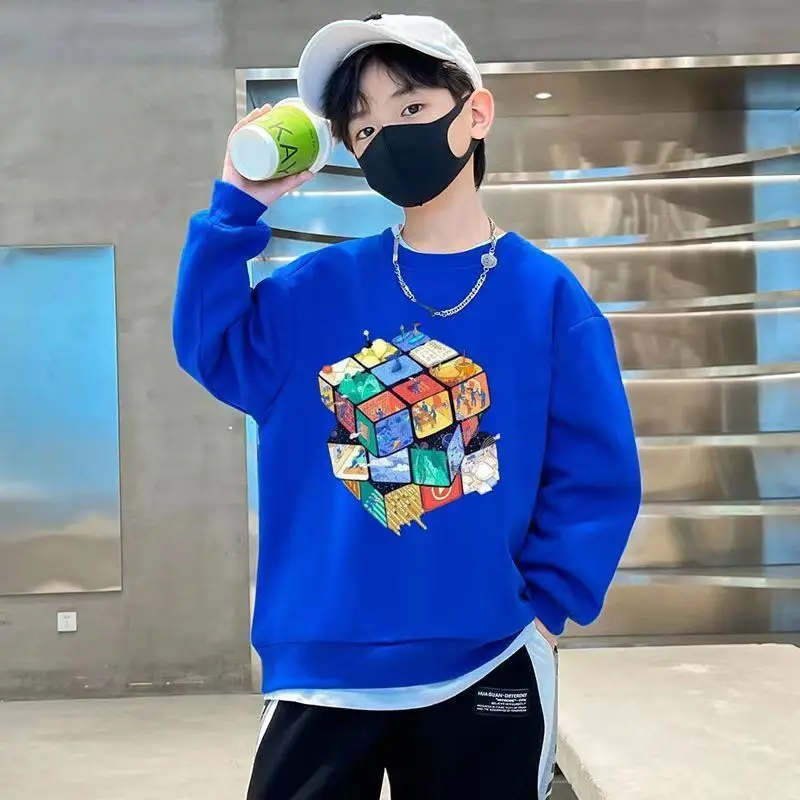 Boys Autumn Spring Cotton Casual Magic Cube Print Sweatshirts 3-14 Years Teenage Kids Fashion Outfits Tops Children Clothes