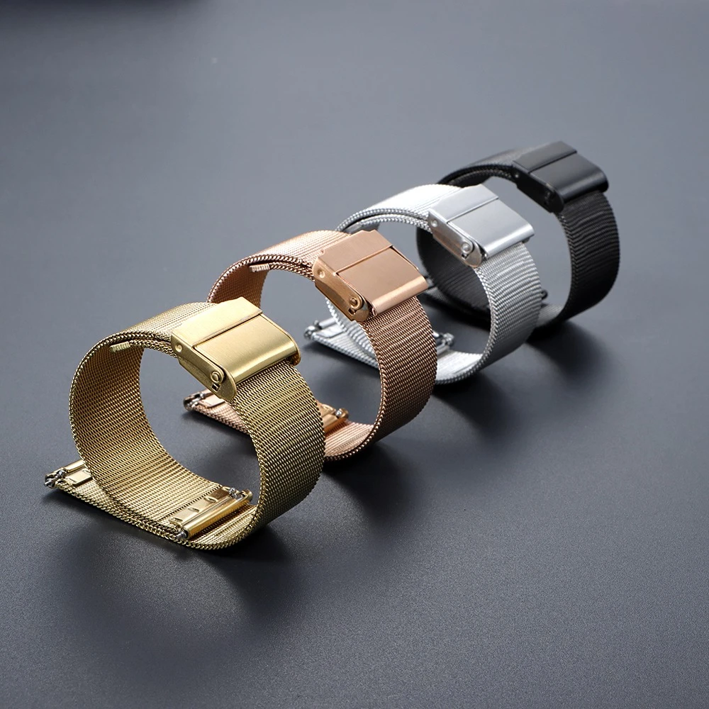 Elegant Milanese Stainless Steel Watch Band - Quick Release Strap with Double Safety Buckle in Black, Gold, or Silver