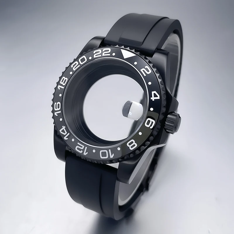 All-Black Sub Style Watch Case with Rubber Strap and Sapphire Crystal