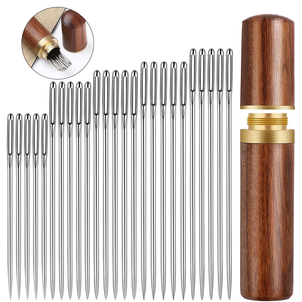 

25PCS Stainless Steel Large Eye Stitching Needles with Wooden Needle Case 5 Sizes Hand Sewing Needles Sharp Embroidery Needle