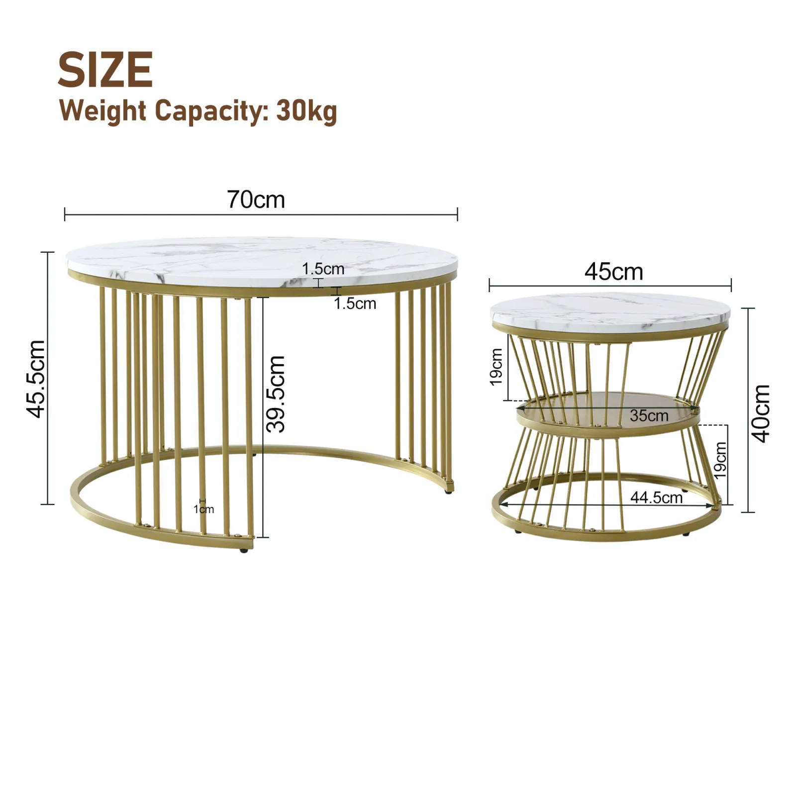 Rosahqnda Marble Look Coffee Table,Round Gold/Black Frame,Set of 2,Modern Living Room Stackable Table,Side Table for Living Room