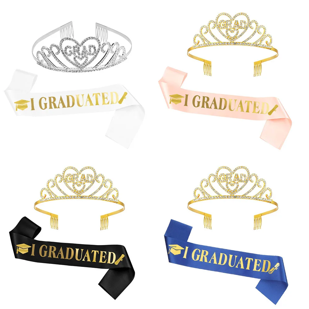 Classe Del 2023 Tiara Birthday Girl Queen Crystal Crown Satin Sash Congratulazioni Decorazione Per Feste Di Laurea Forniture Per Matrimoni