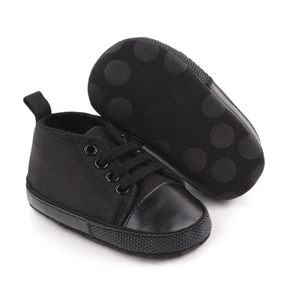 Breathable Black Lace-up Canvas First Walker Shoes for Newborn Boys & Girls &ndash; Lightweight Toddler Flats for Casual & Crib Wear