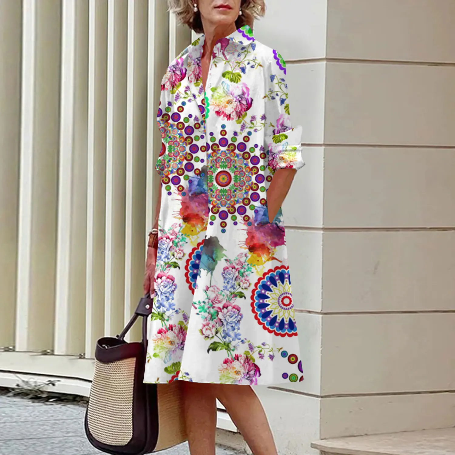 Vintage Lapel Shirt Dress Women's Single Breasted Long Oversized