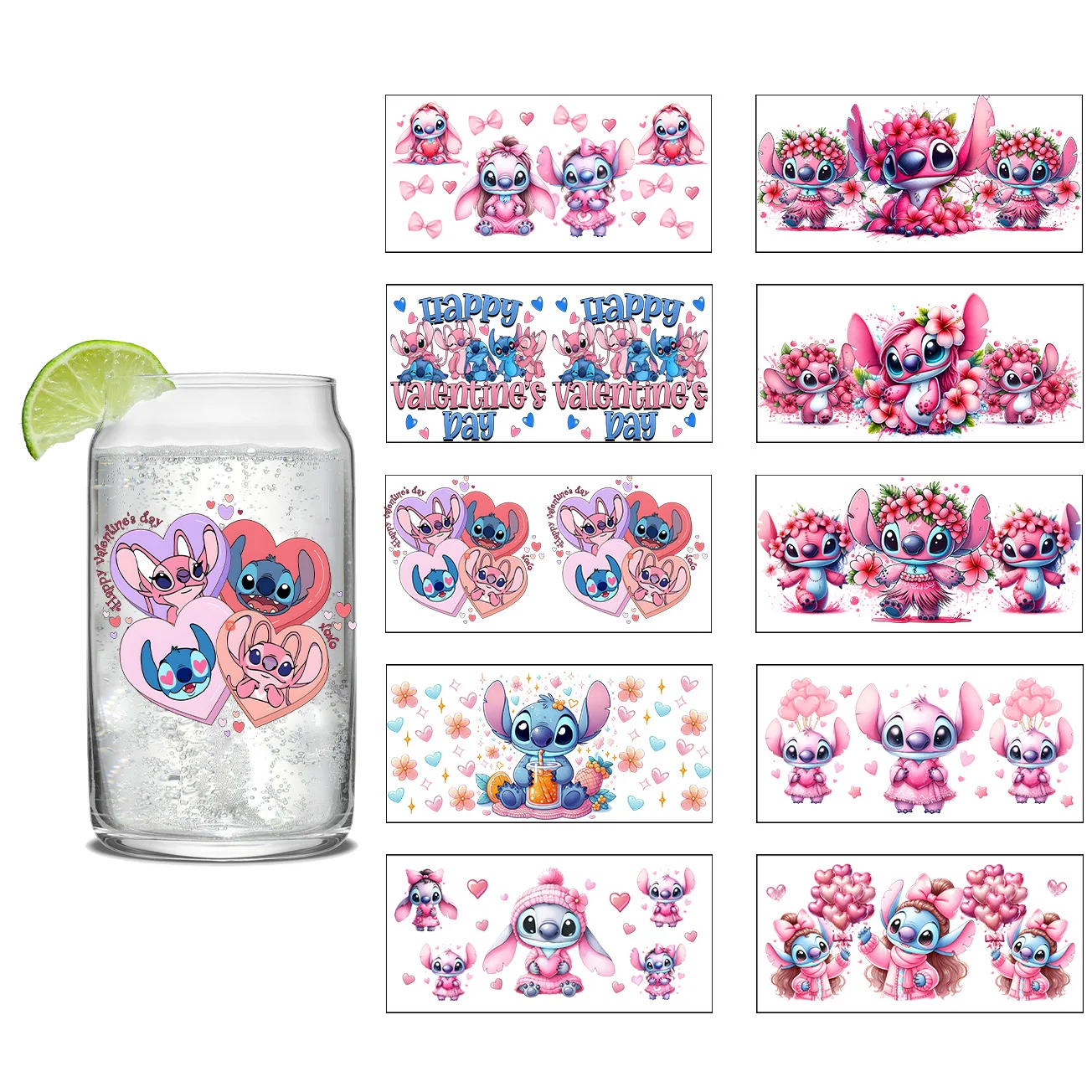 Valentine Cute Stitch Series Easy peel waterproof DIY Decals 3D transfers uvdtf stickers 16oz uv dtf tumbler cup wraps sticker