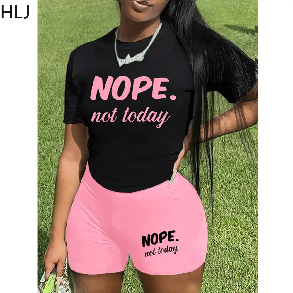 

HLJ Summer Letter Printing Two Piece Sets Women Round Neck Short Sleeve Tshirt And Biker Shorts Tracksuits Casual 2pcs Outfits