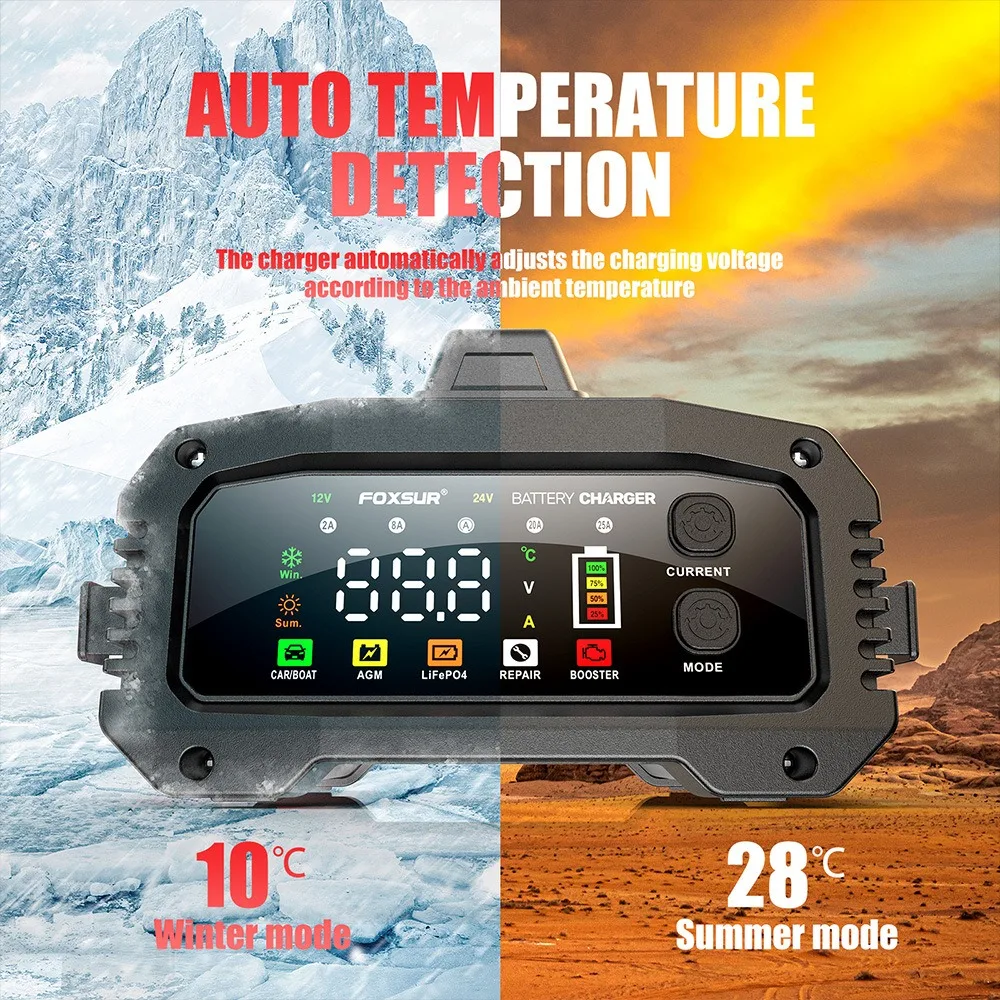Enhanced 25A Portable Smart Battery Charger with Pulse Repair and Booster
