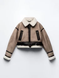 Women's Retro Loose Spliced Faux Leather & Soft Fur Jacket - Vintage Streetwear Short Coat with Zipper & Belt - XS (Khaki)