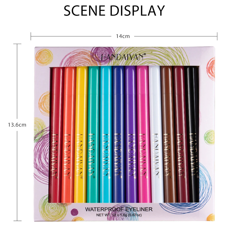 Description Picture 5 of item12Pcs/Set Multicolor Eyeliner Pens Easy To Wear Quick Drying Non-Smudging Liquid Waterproof Eye liner Pens Makeup Tools