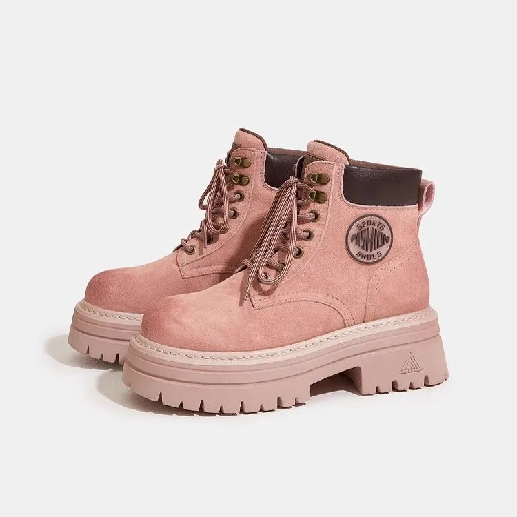 여성용 마틴 부츠 2025 신상 영국 스타일 두꺼운 밑창 플리스 안감 숏 부츠 라운드 토 미드 힐 겨울용