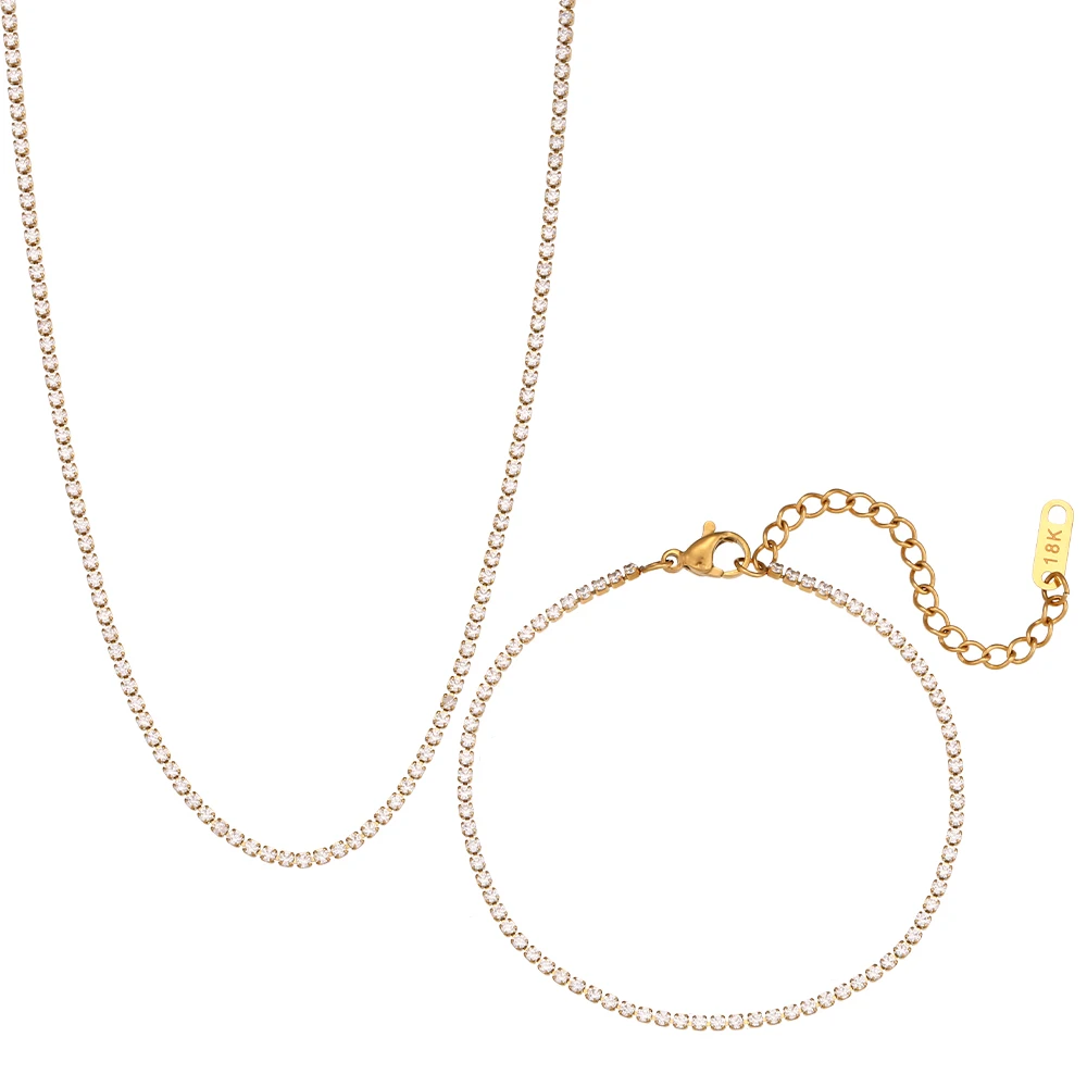 Classic Gold Silver Tennis Zircon Necklaces Bracelets 18K Gold Plated Stainless Steel Waterproof Shin Jewelry Set for Women