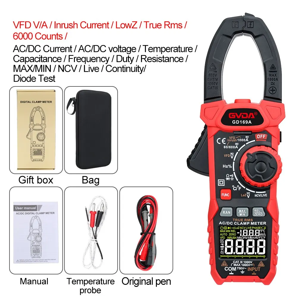 Pince Multimètre Numérique 9999 Counts 1000A TRMS AC/DC | Écran Couleur, Fonctions Inrush, VFD, NCV | CAT III 1000V / CAT IV 600V | Avec Accessoires
