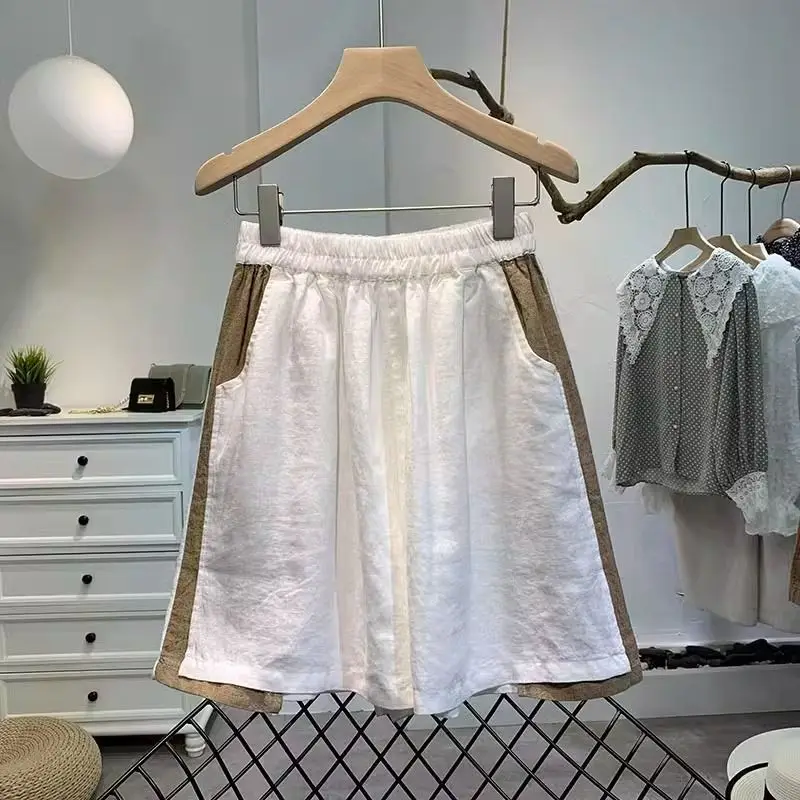 2024 Women's New Summer Simplicity Commute Elasticized High-waisted Spliced Contrast Color Pockets Loose Casual Wide-leg Shorts