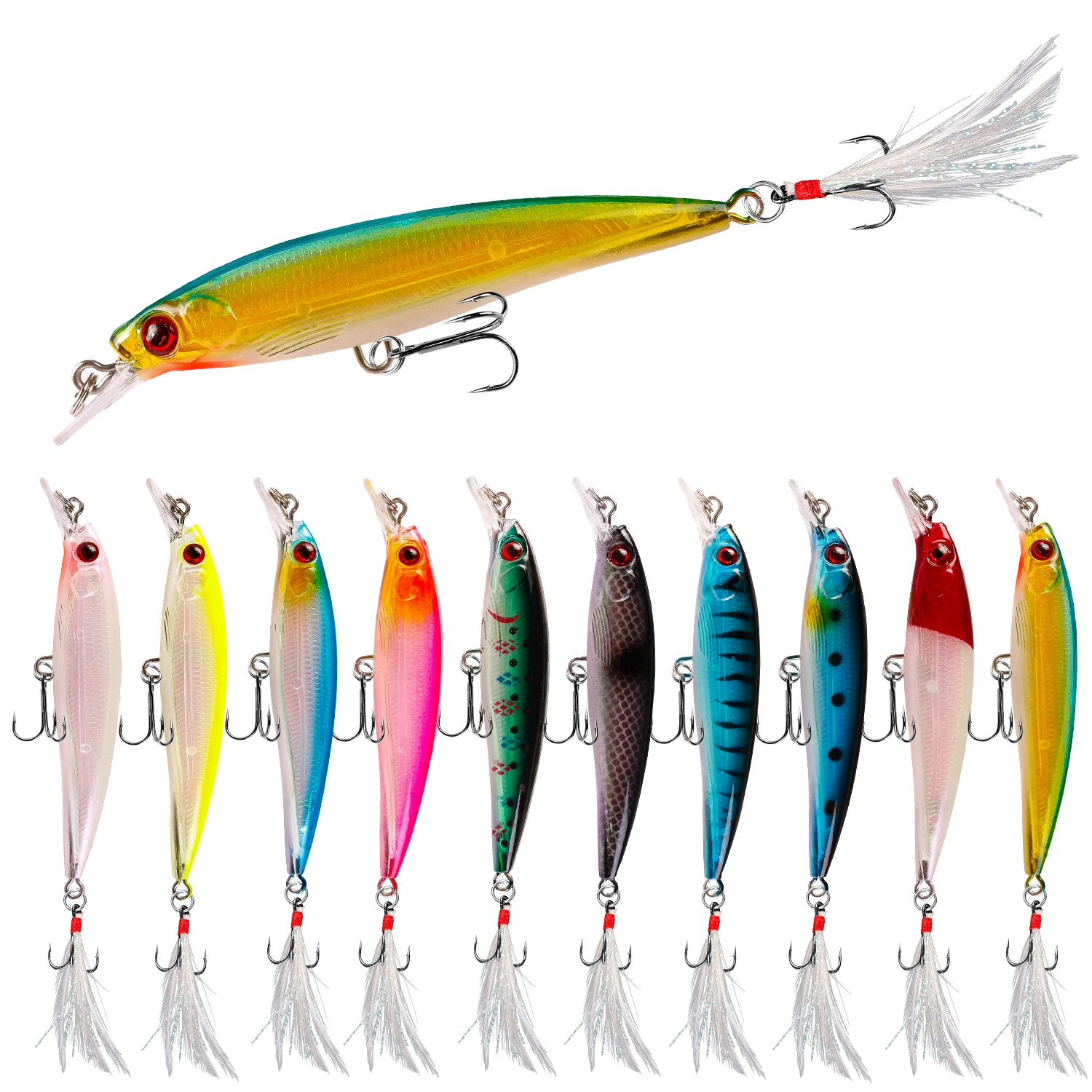 

Bisogoon 90F Floating Minnow Fishing Lures 9cm 7.2g Hard Bait Feather hook Wobbler Crankbait Carp bass Pesca Fishing SwimBait