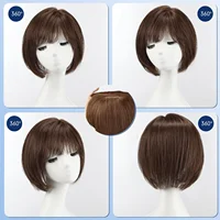 10in Human Hair Topper and Human Hair Extension wig for Women 6.5x6.5 Inch Silk Base Brown Side-parted Short Straight Bob with Bangs Natural Breathable 70g 4