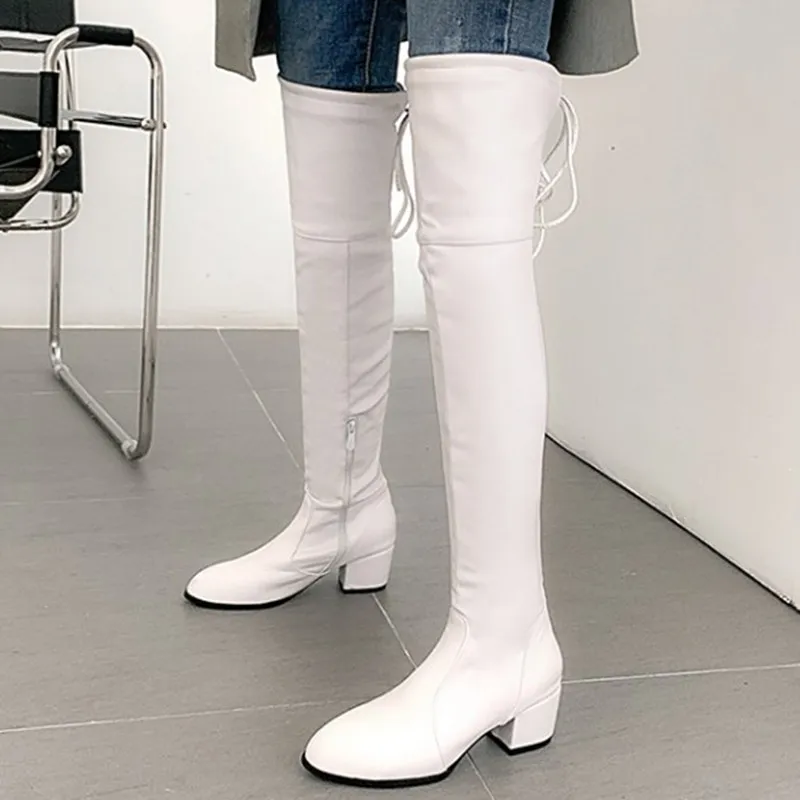 

ENMAYER White High Lace-Up Over The Knee High Boots Round Toe Square Heel Winter Thigh High Boots Zipper Solid Short Plush Shoes