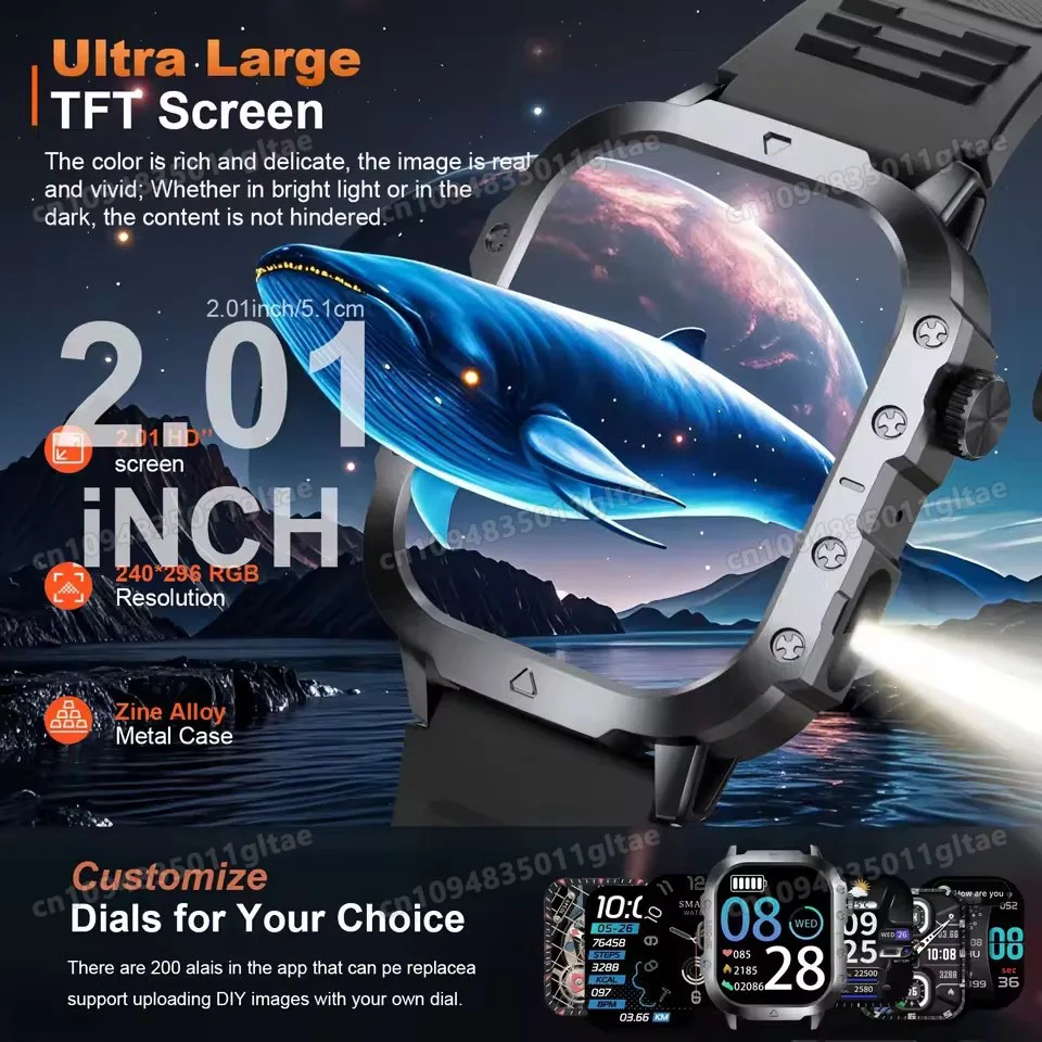 2026 New Military Outdoor Smart Watch Men's GPS Flashlight Bluetooth Call 2.01" AMOLED Screen 10ATM Waterproof Sports Smartwatch 2