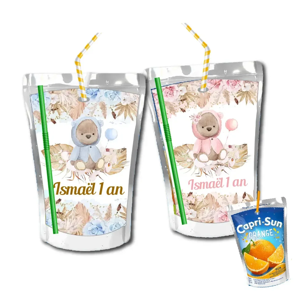 팜파스 잔디 곰 주스 파우치 라벨, 방수 가방, 치료 상자, 호의 태그 물병 스티커, 생일 베이비 샤워, 크리스마스 장식 