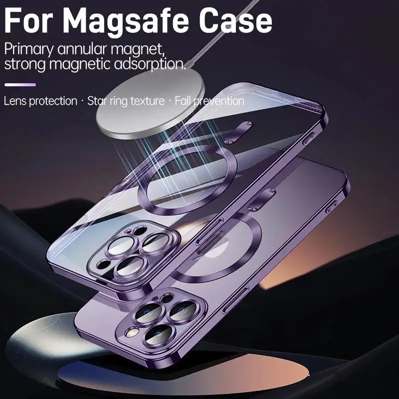 Plating For Magsafe Magnetic Phone Case For iPhone17 16 15 14 13 12 11 Pro Max  Wireless Charging With Lens Protector Cover