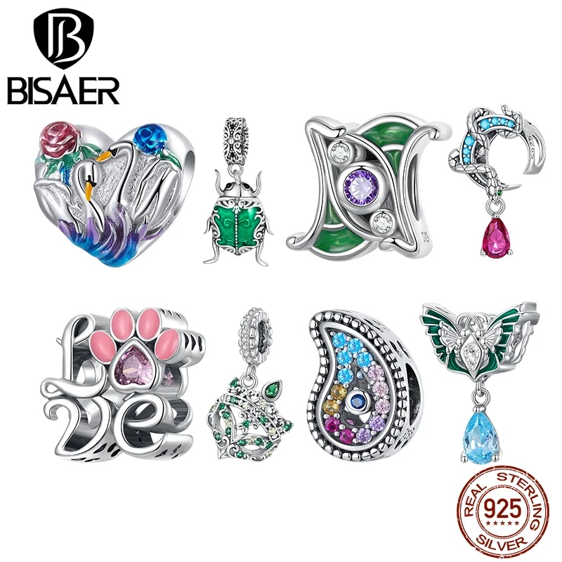 

BISAER 925 Sterling Silver Love Claw Charms Colorful Devil's Eye Pendant Swan Lake Bead Fit DIY Bracelet Necklace Jewelry Gift