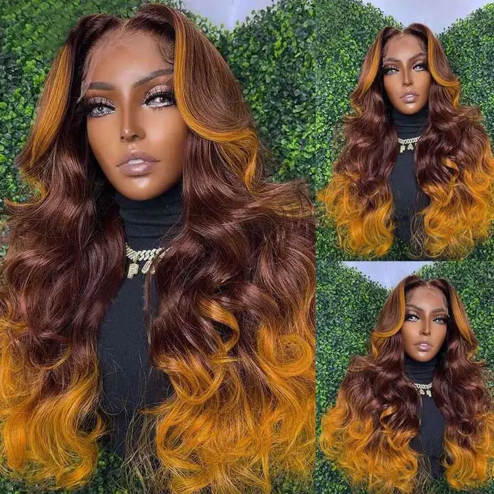 13X6 Ombre Chocolate Brown Orange HD Lace Front Wigs Loose Body Wave 13x4 Lace Frontal Colored Human Hair Wigs For Women 220%