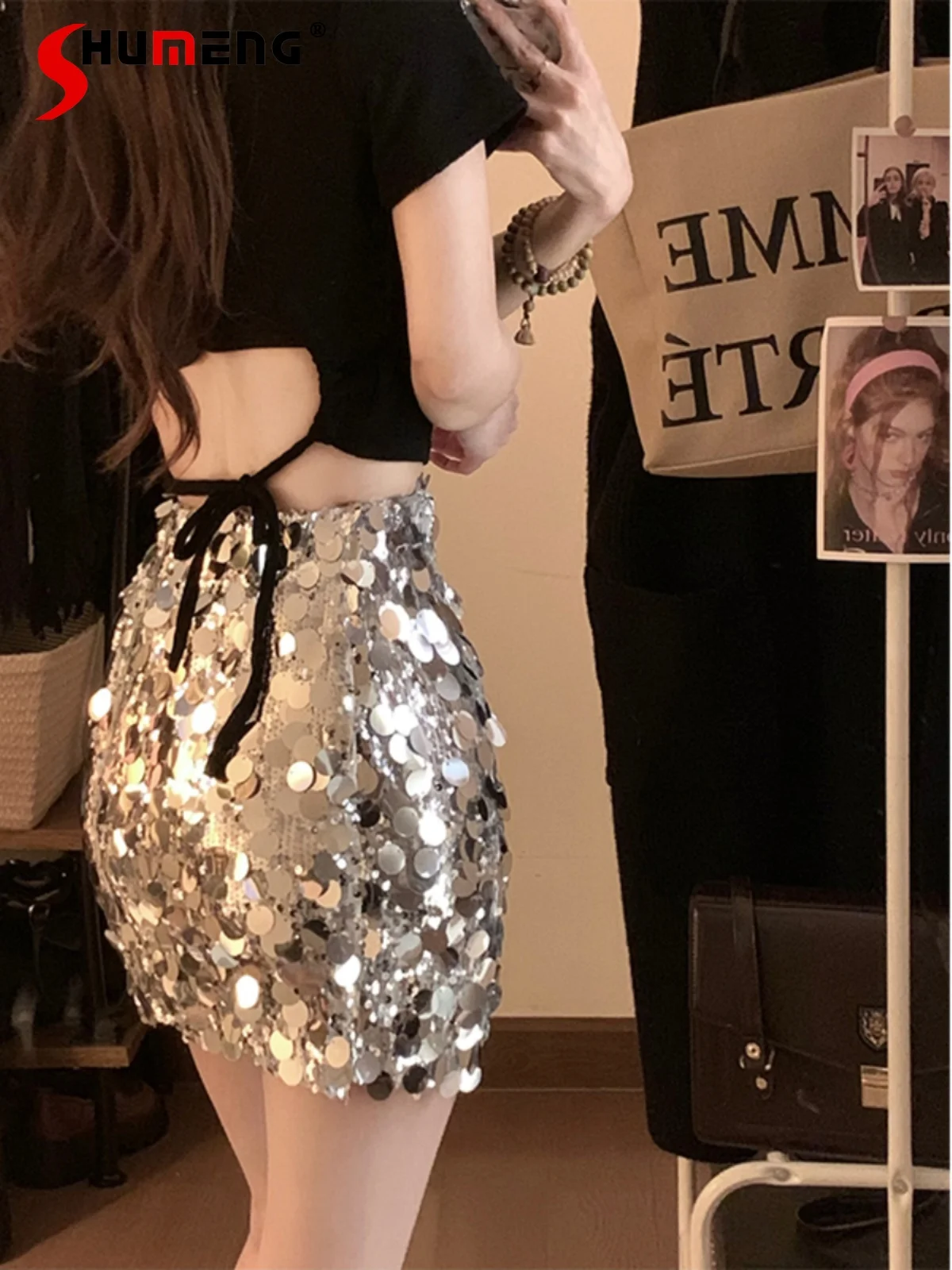 Sequined Sheath Skirt for Women Spring 2024 New Two-Piece Solid Color Tops Retro High Waist Short Skirts Nice Women's Clothes