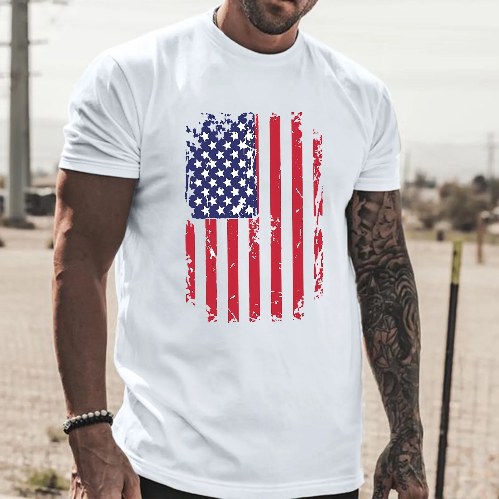 

Partial Celebration Short Distressed Summer Print Casual And Vintage Men Day Spring Neck Fitness Shirt Loose Streetwear Tees