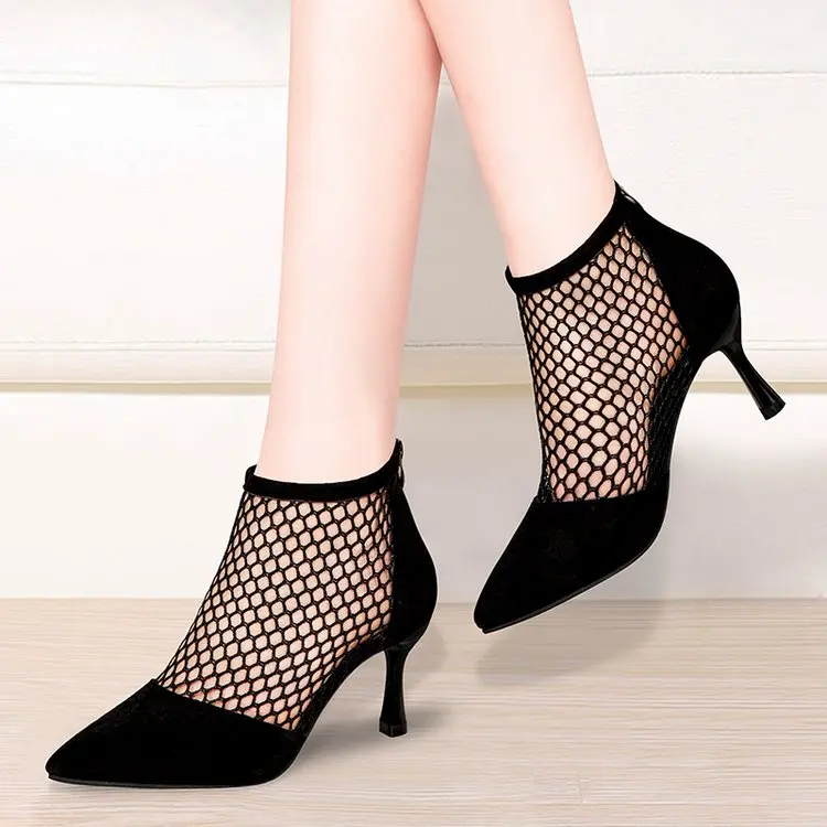 Summer Women High Heels Sexy Fishnet Ankle Boots Heels Suede Heels Pointed Toe Cool Sandals Boots Thin Heels Ladies Casual Shoes 