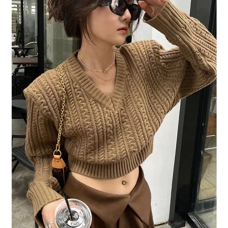 

Fashion Shoulder Padded Twist Sweater Casual Loose Pullover Korean V-Neck Cropped Sweater Autumn Long Sleeve Women Tops 28836