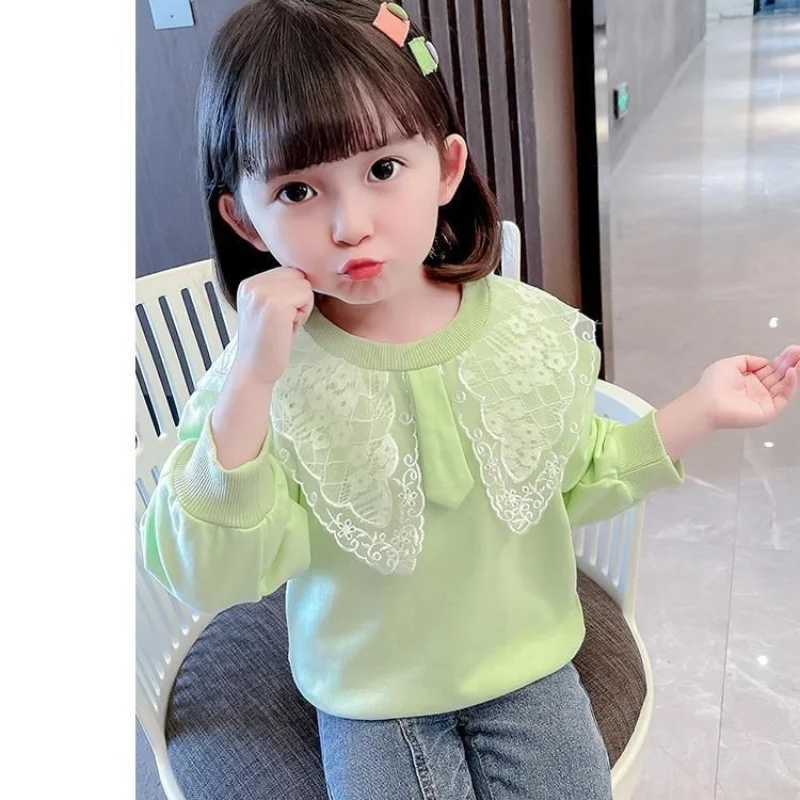 Child Girl T-shirt Long Sleeve Crew Neck Spring Autumn Casual Fashion All-match Solid Color Lace Comfortable Tops t shirt cotton t shirt kids t shirt