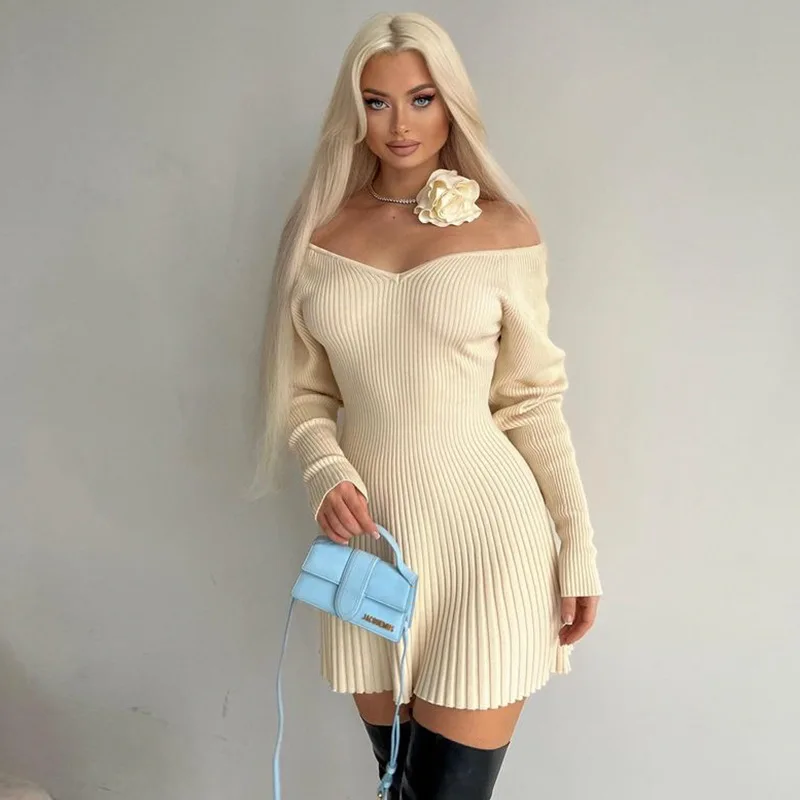 

Autumn Winter Party Dresses for Women Semi-open Collar Thread Knitted Sweater Dress Long-sleeve Loose Basic Evening Partywear