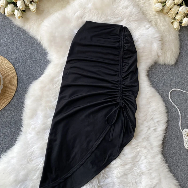 Women Clothes Office Lady Wrap Buttock Sexy Midi Skirt Elegant Solid Draped Irregular Lace up Drawstring Folds High Split Dress