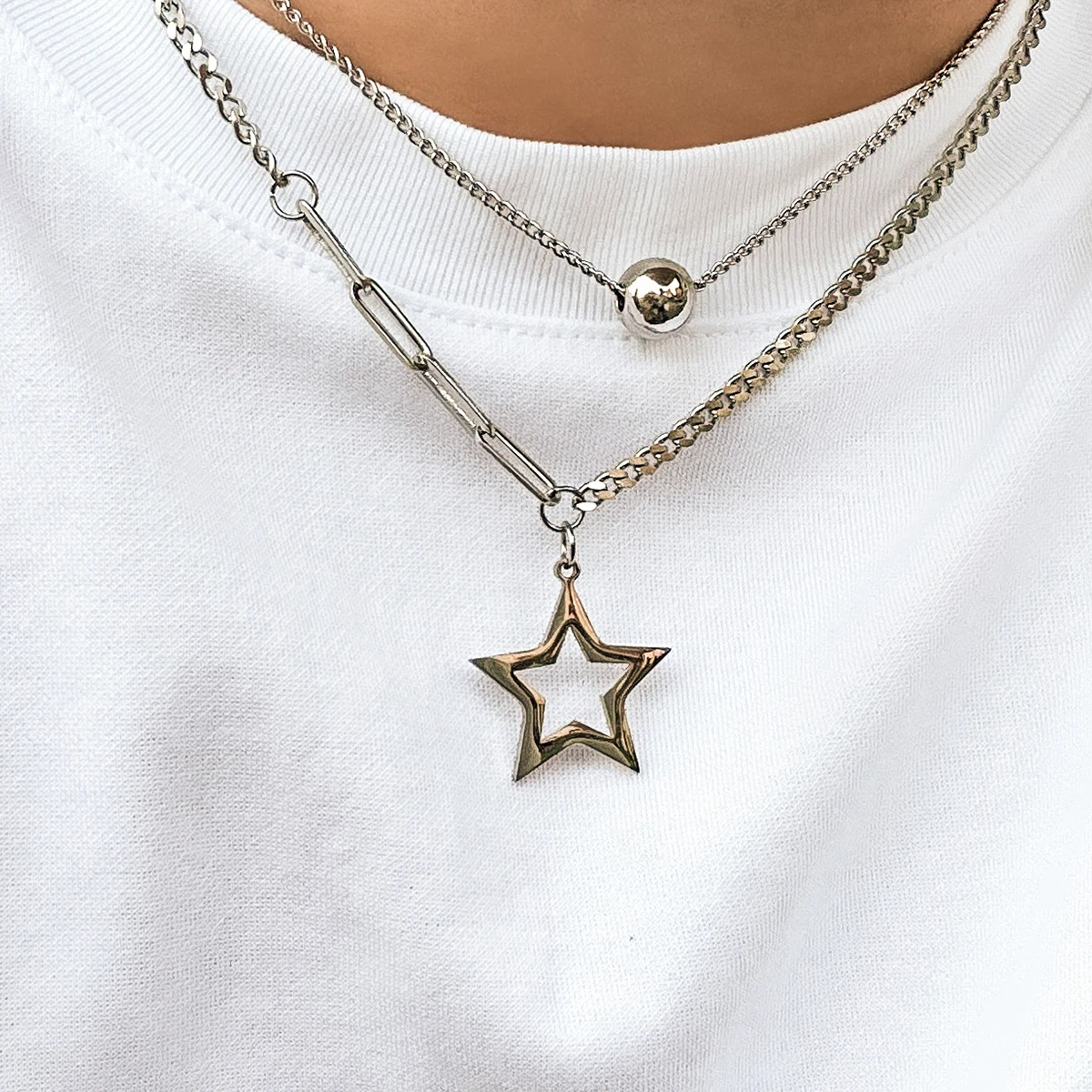 Allereyae Vintage Layered Star Pendant Necklace - Hollow Star Choker With Snake Chain (Silver)