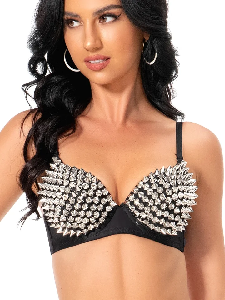 Soutien-gorge Clouté Punk – Rivets Métalliques Argentés – Sangle Réglable – Pour Soirée Club, Danse, Carnaval – Taille M
