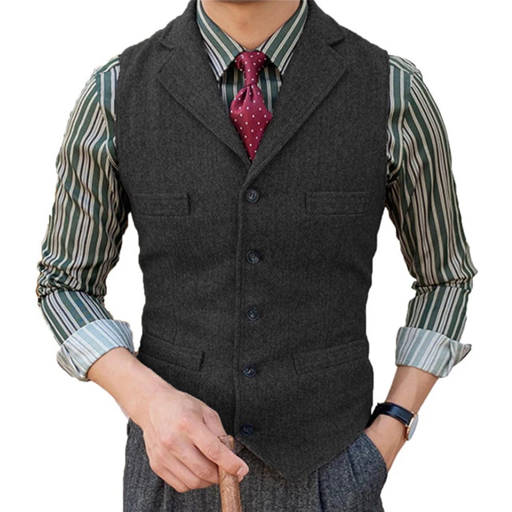 Gilet Vintage A Spina Di Pesce Retrò Tweed Per Uomo Gilet Slim Fit Con Risvolto Con Tacca Ideale Per Matrimoni Nero/Blu Navy/Grigio Scuro