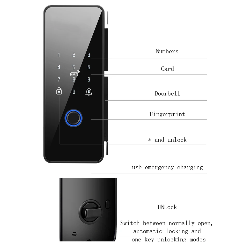 나무 철 프레임 유리에 대 한 Tuya 지문 도어 잠금 블루투스 스마트 전자 생체 인식 잠금 13.56Mhz RFID 원격 제어 Un