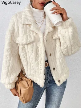 VigoCasey 2025 Autumn Women White Jacket Single Breasted Thick Plush Warm Coat Winter Loose Cardigan Soft Long Sleeve Lady Coat