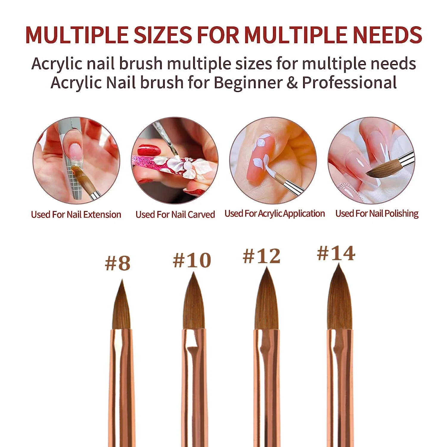 ANGNYA #8#10Nail Kolinsky Nail Brush Rose Gold Professional 3D Nail Art Brush for Nails UV Gel Carving Liquid Powder Drawing Pen 6