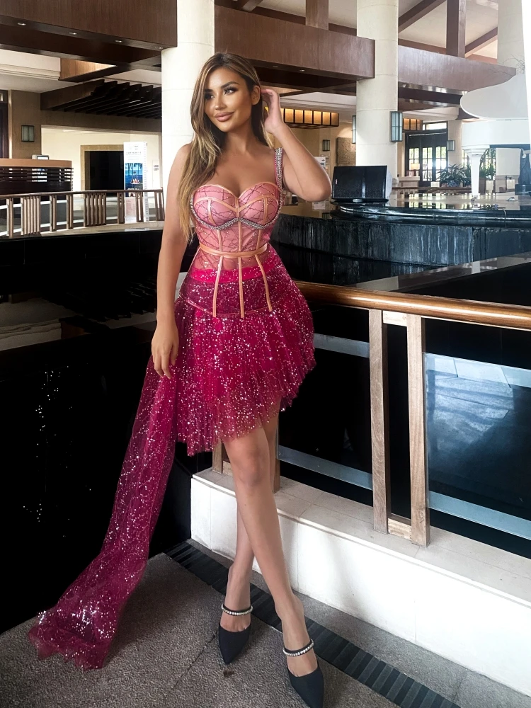

Sexy Spaghetti Strap Mesh Patchwork TOP + Pleated Skirt Suit Women White Luxury Sequins Beaded 2 Two Piece Set Evening Prom Set
