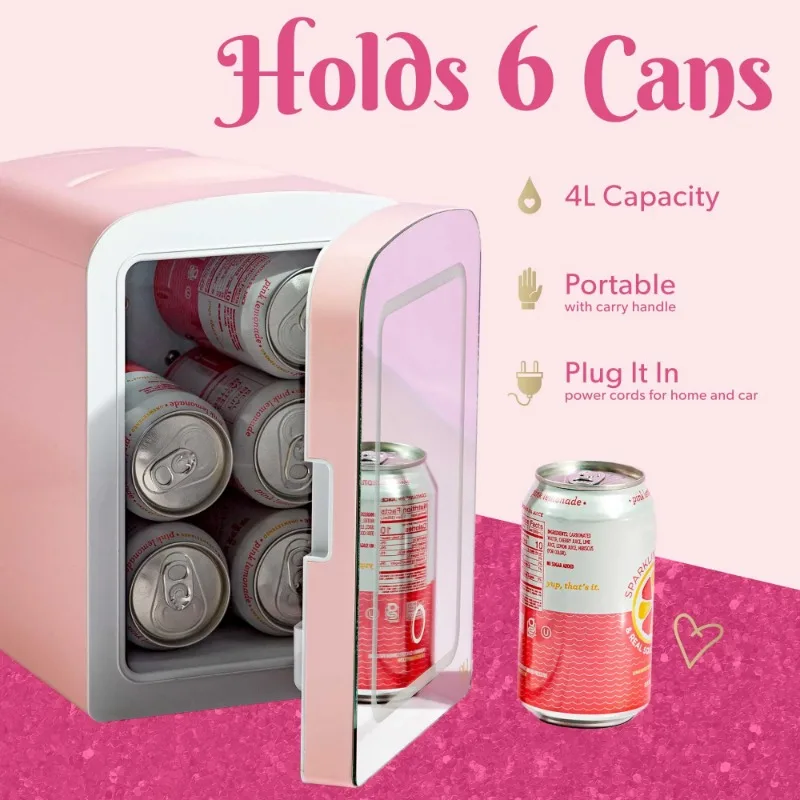 Paris Hilton Mini Refrigerator and Personal Beauty Fridge, Mirrored Door with Light, 4 Liter, Pink 4