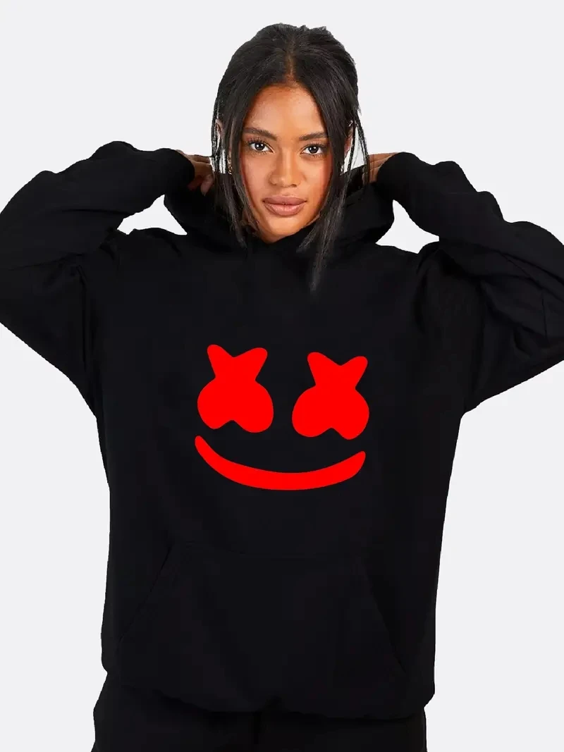 Smiling Face Graphic Hooded Sweatshirt With Pocket, Long Sleeve Pullover Hoodie Top, Women's Sporty Sweatshirt