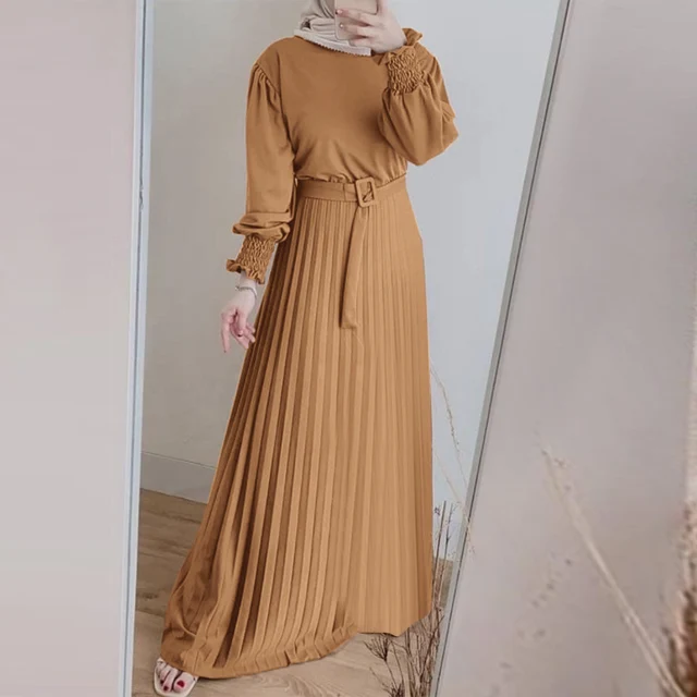  - ZANZEA Fashion Muslim Dress Women Long Sleeve Abaya Dresses Islam Dubai Turkey Hijab Clothes Belted Tiered Pleated Maxi Dress
