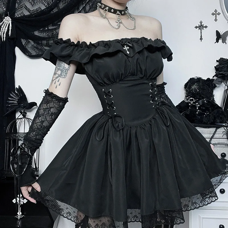 Goth Black Corset Dress Women Off Shoulder Folds Harajuku Vintage