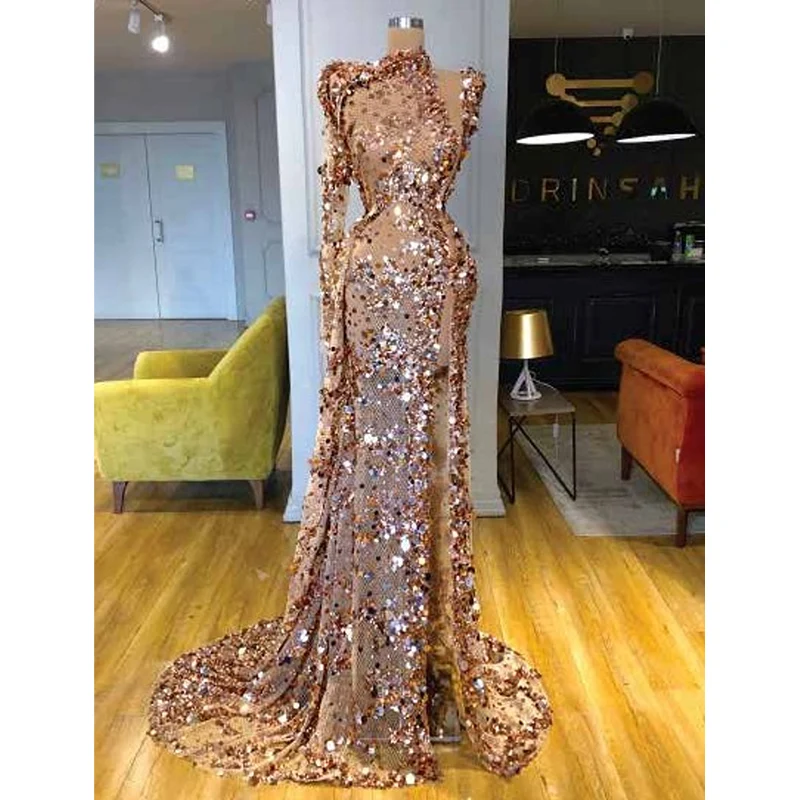 

Luxury Golden Prom Dress One Long Sleeve Sparkly Sequins Illusion Tulle Evening Party Gown Custom High Neck 2023 Robes De Soirée