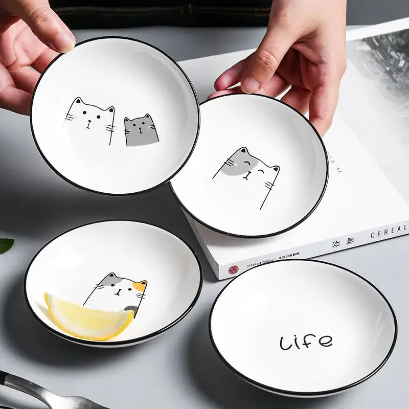 Ceramic Tableware Snack Dipping Saucer Household Seasoning Box Scandinavian Style Cat Pattern Round Shape