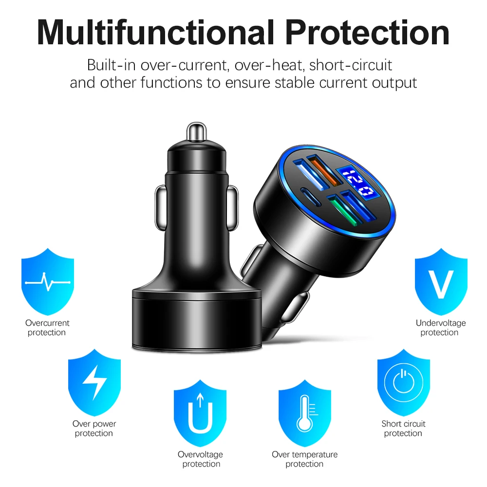 3.1A USB Car Charger Fast Charging Type-C Phone Adapter For iPhone 15 16 17 Pro Xiaomi Huawei Samsung Quick Charger LED Display